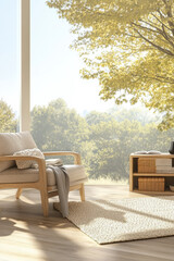 Fototapeta premium Cozy living room with a view of nature at sunrise showcasing a serene atmosphere