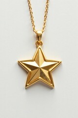 Gold star pendant against contrasting white background for high visibility, shine, bright