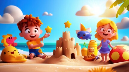 Happy Kids Building Sandcastle Beach Fun Summertime Joyful Cartoon Characters Playful Scene