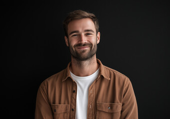 Obraz premium Portrait of a happy man in a denim shirt and white t-shirt, looking at the camera and smiling, isolated on a black background.