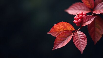 Muted berry hues and orange leaves create a serene atmosphere on black, leaf drop, colorful berries