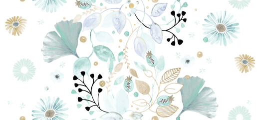 Beautiful seamless floral pattern with watercolor summer flowers. Stock illustration.
