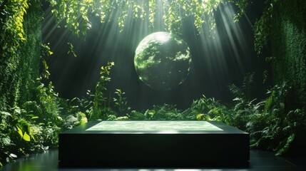 Obraz premium A sleek event booth featuring a globe glowing softly in the center, surrounded by transparent green abstract lines,