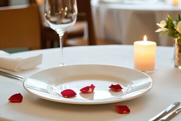Romantic Dinner Table Setting with Rose Petals Candlelight