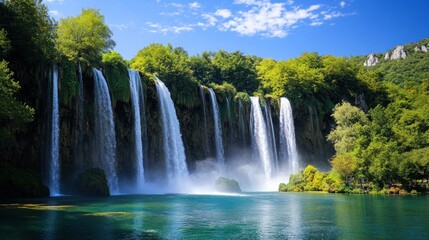 Obraz premium Majestic Waterfall Cascade in a Lush Green Landscape