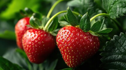 Fresh Juicy Strawberries on Green Leaves with Natural Lighting