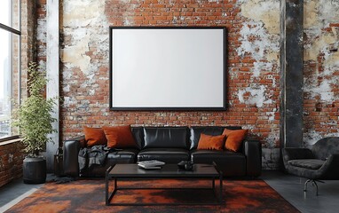 Loft apartment interior design, black leather sofa, brick wall, mockup poster