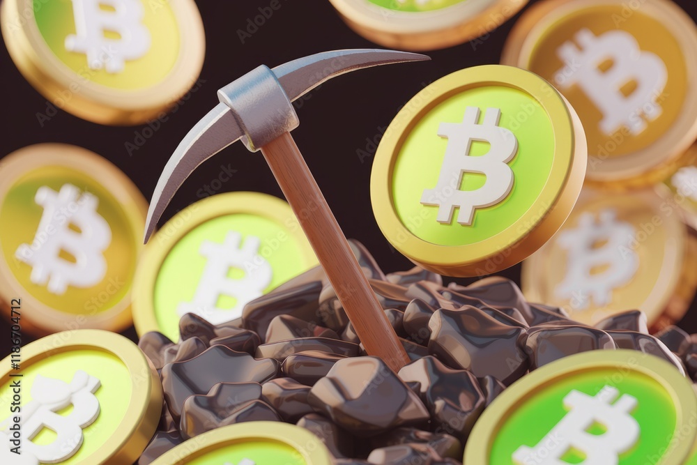 Aufkleber bitcoin mining concept: a pickaxe unearths digital currency from a pile of rocks, symbolizing the pr