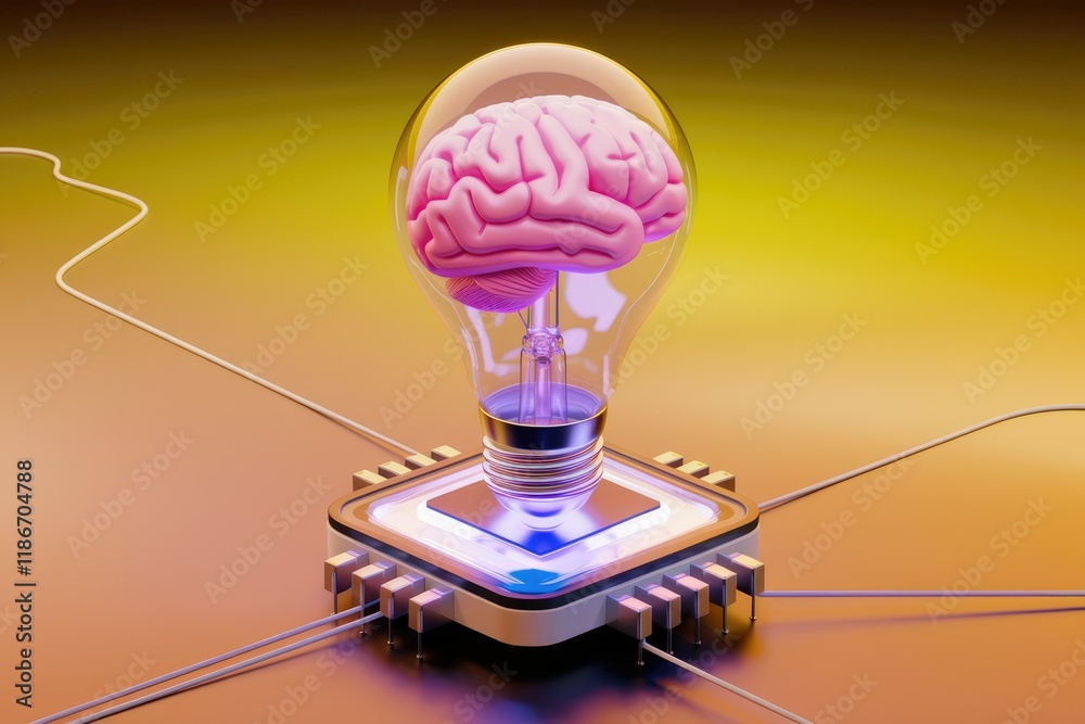 Leinwandbilder A human brain inside a lightbulb on a microchip symbolizes the power of AI and innovative thinking.