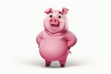 A cheerful, cartoon pig stands with its hands on its hips, displaying a friendly demeanor.