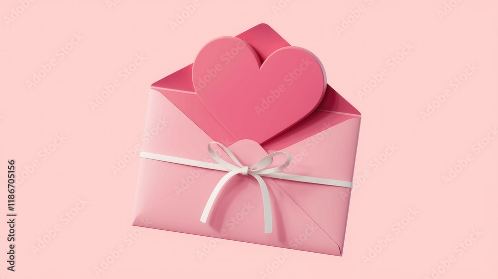 Poster a pink envelope with a heart-shaped insert, tied with a white ribbon, symbolizes love and affection.