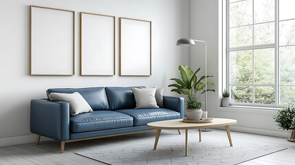 Modern living room interior design, blue sofa, window view