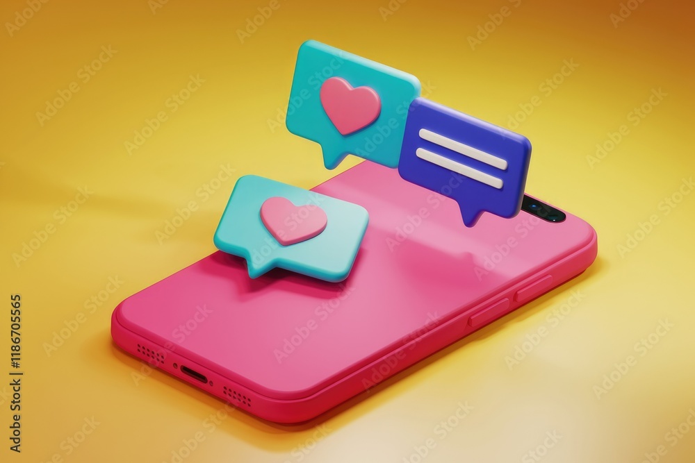 Poster Smartphone displaying colorful notification bubbles with hearts and messages, symbolizing social media interactions and engagement.