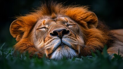 Naklejka premium Majestic African Lion Sleeping Peacefully In Grass