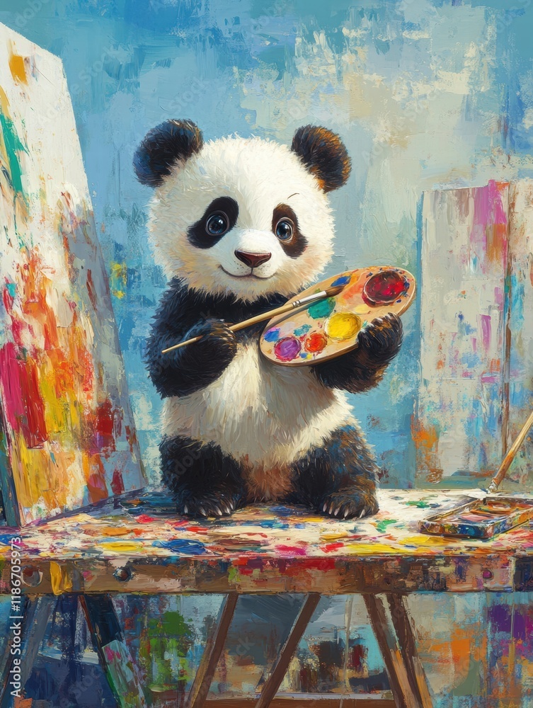 Aufkleber Panda joyfully creating art with a paintbrush and palette in a colorful studio filled with canvases. Generative AI