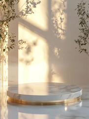 3D rendering of a marble podium with matte gold edges in a soft ambient background for product display