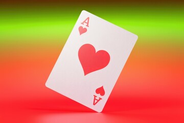 Fototapeta na wymiar Ace of Hearts playing card, vibrant red and white, angled view.