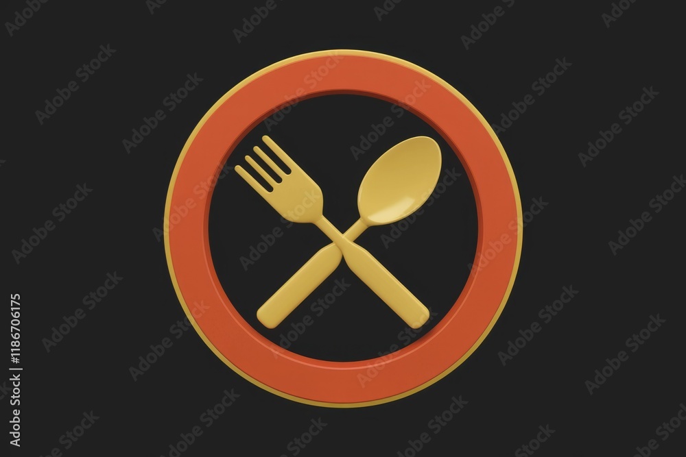Poster A 3D rendering of a fork and spoon crossed inside a circular frame, symbolizing food and dining.