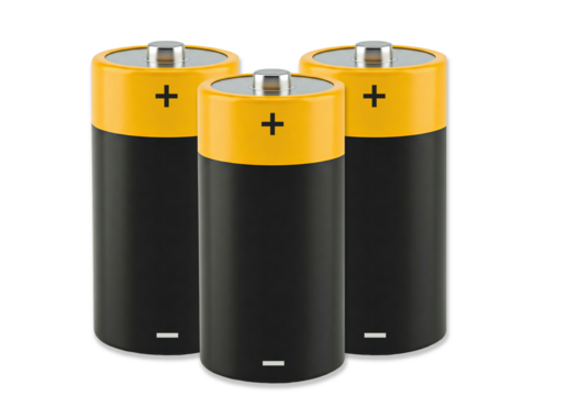 Three AA Batteries Standing Together on White Background
