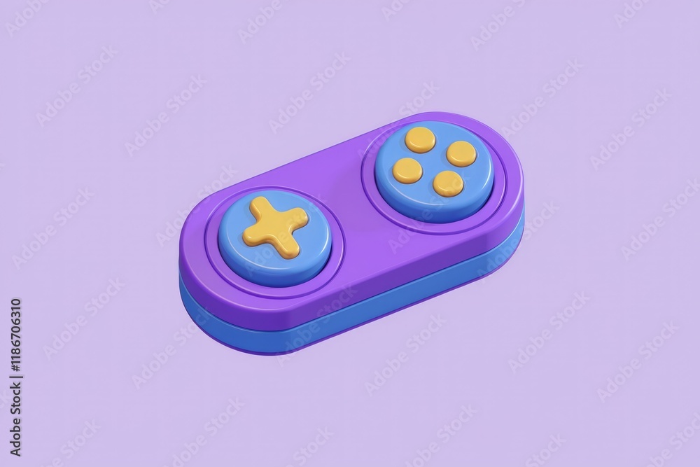 Poster A simplified 3D model of a purple and blue game controller with minimal buttons.