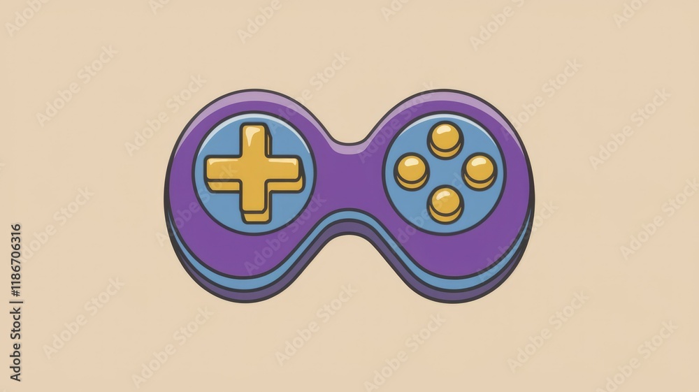Poster A stylized purple and gold video game controller with a directional pad and buttons.