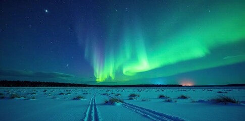 Softly glowing aurora borealis above frozen tundra landscape, tundra, winter landscape, aurora borealis
