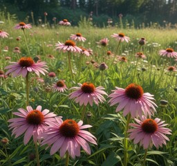 A group of echinacea flowers scattered across a grassy clearing , wildflower field, flowering plants, colorful blooms