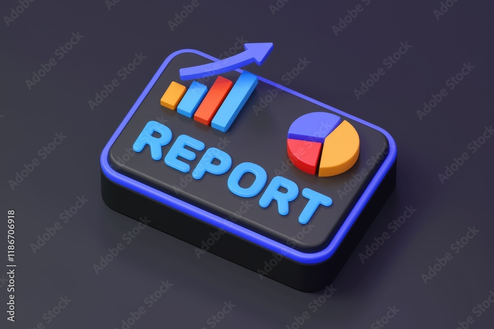 Poster business report showing growth with bar chart and pie chart.