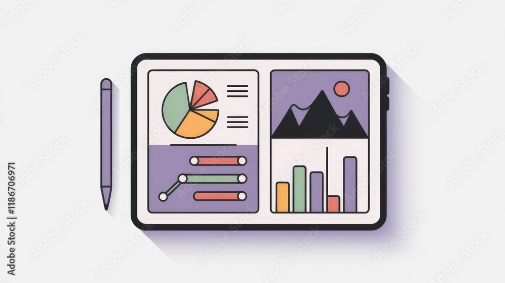 Leinwandbilder Tablet displaying various charts and graphs, including pie charts, bar graphs, and line graphs, alongside an image of mountains.