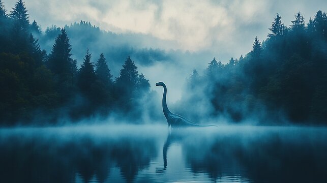 Mysterious plesiosaur in misty lake, ancient forest background.
