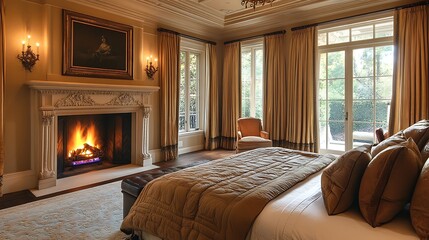 Luxury bedroom with opulent decor and a statement fireplace 