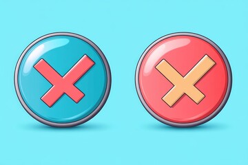 Obraz premium Two buttons with crossed out designs in red and blue colors