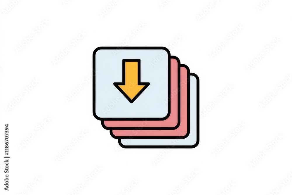 Aufkleber download multiple files icon, stack of documents with a down arrow, indicating bulk download.