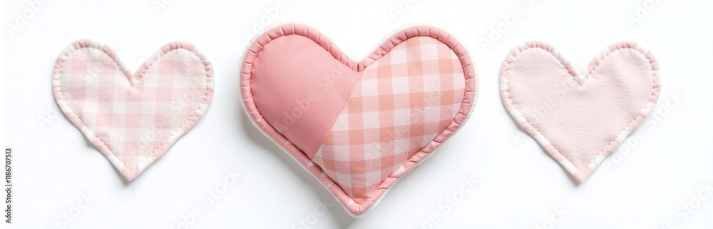 Poster cotton patches sewn together in a heart shape are isolated against a clean white background for disp