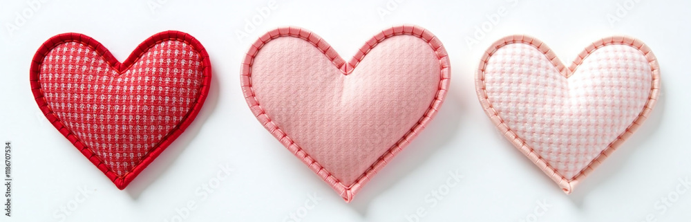 Poster cotton patches sewn together in a heart shape are isolated against a clean white background for disp