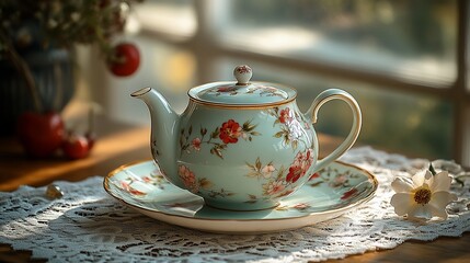 Elegant Floral Teapot with Matching Saucer