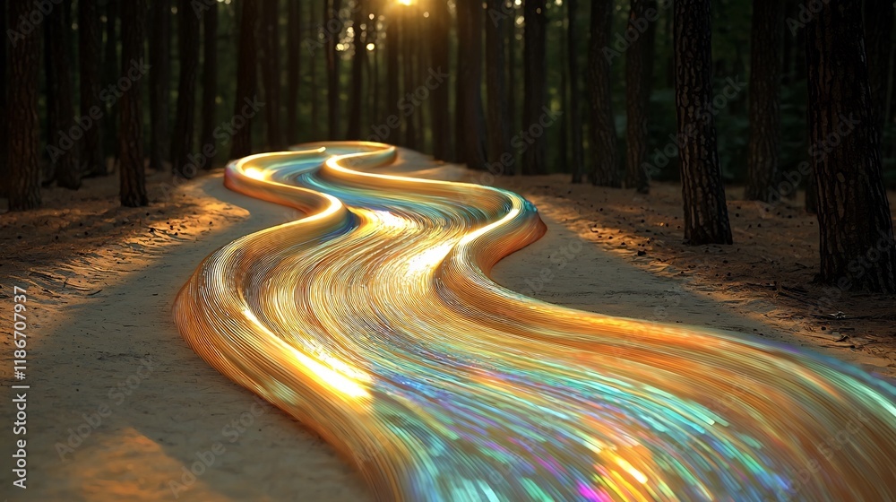 Poster mesmerizing iridescent pathway in sun dappled forest clearing with dynamic flowing shapes digital pa