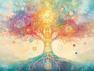 Fly over a Radiant Tree of Life with entwined roots and soft pastel tones Explore the celestial dance of chakra symbols and orbiting bodies