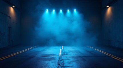 A dark, empty street with abstract blue asphalt serves as a backdrop for a studio room with neon lights, spotlights, and smoke, creating an interior texture for product displays