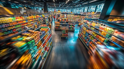 Wide angle view of shoppers browsing groceries in a modern supermarket