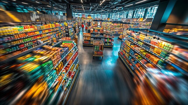 Wide angle view of shoppers browsing groceries in a modern supermarket