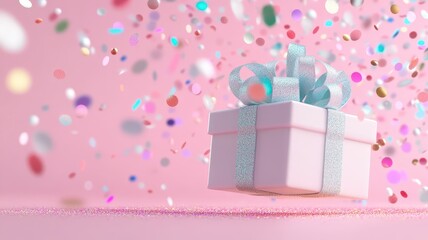 Obraz premium Light blue ribbon wrapped white gift box resting on pastel pink surface, scattered colorful confetti suggesting birthday party celebration