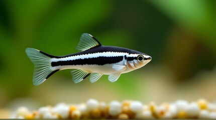 Striped Freshwater Fish Black White Aquatic Life Green Background