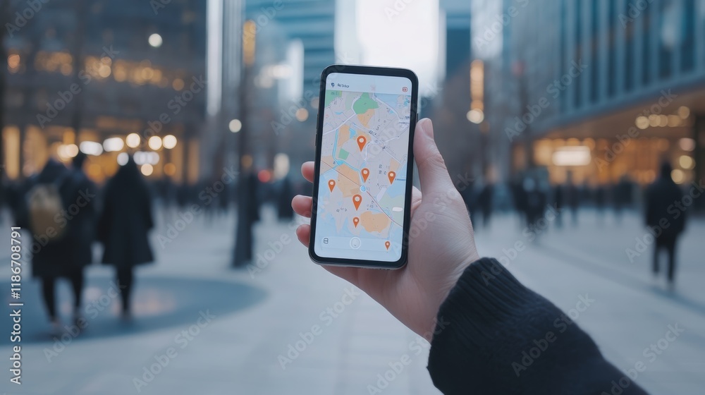 Poster Businessman holding smartphone displaying navigation app with multiple location pins in busy city center, using technology for urban exploration and efficient travel
