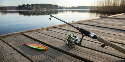 A fishing feeder rod with a colorful lure on a wooden dock leaning over the lake's edge, connected to an old-style bite alarm, outdoors, branches