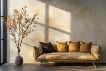 Cozy living room with modern sofa and decorative plant in natural light