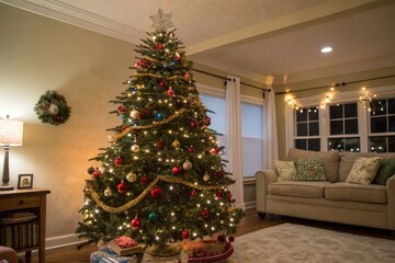 A festive Christmas tree with multicolored ornaments, garlands, and lights in a cozy living room setting, indoor winter, ornament display, tree decoration, colorful ornaments