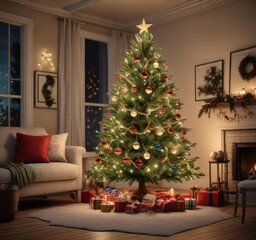 A festive Christmas tree with lights and ornaments in a cozy living room , serene environment, home ambiance