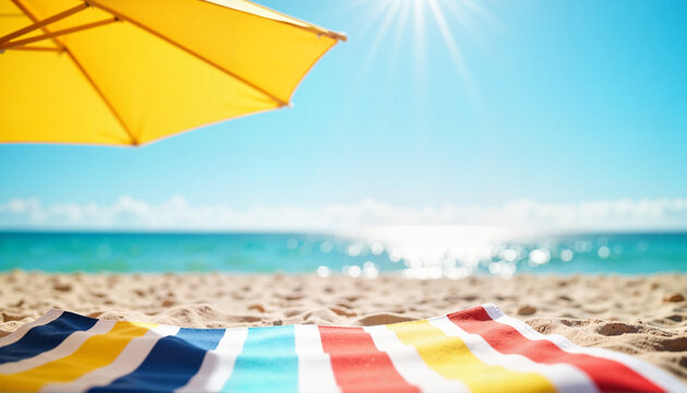 Colorful beach towel under sunny umbrella by sparkling ocean, summer vibes