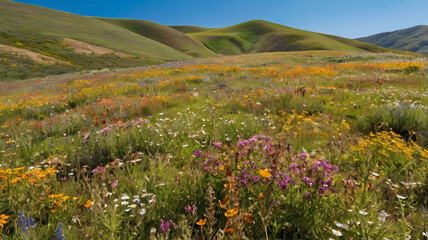 a vivid scene of rolling hills blanketed in colorful wildflowers, ai